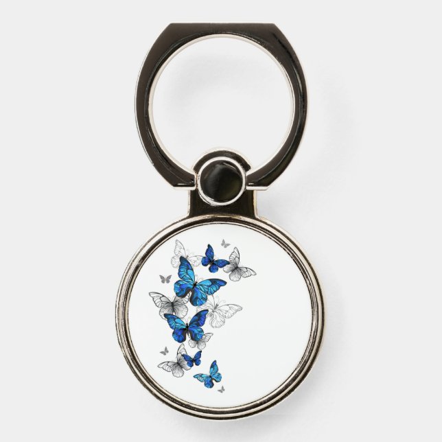 Blue Flying Butterflies Morpho Phone Ring Stand (Front)