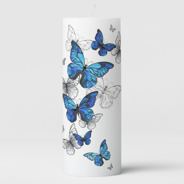 Blue Flying Butterflies Morpho Pillar Candle (Front)