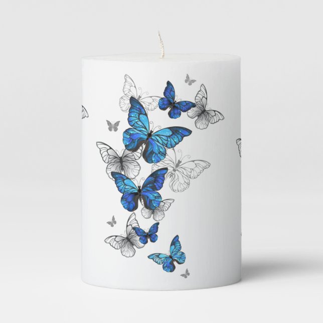 Blue Flying Butterflies Morpho Pillar Candle (Front)