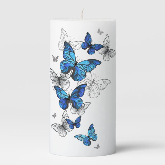 Blue Flying Butterflies Morpho Pillar Candle (Front)