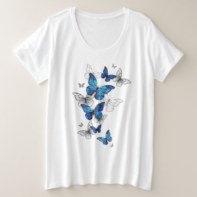 Blue Flying Butterflies Morpho Plus Size T-Shirt (Design Front)