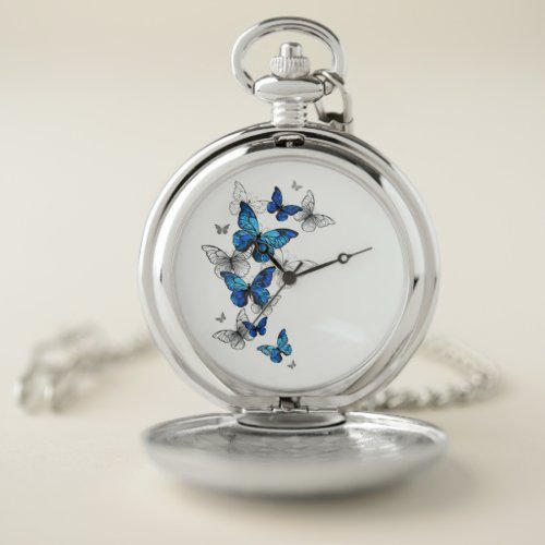 Blue Flying Butterflies Morpho Pocket Watch