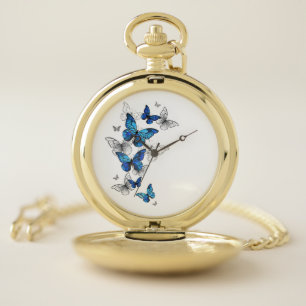 Blue Flying Butterflies Morpho Pocket Watch