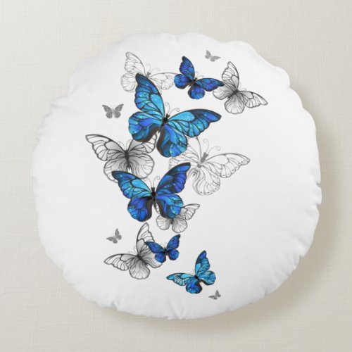 Blue Flying Butterflies Morpho Round Pillow