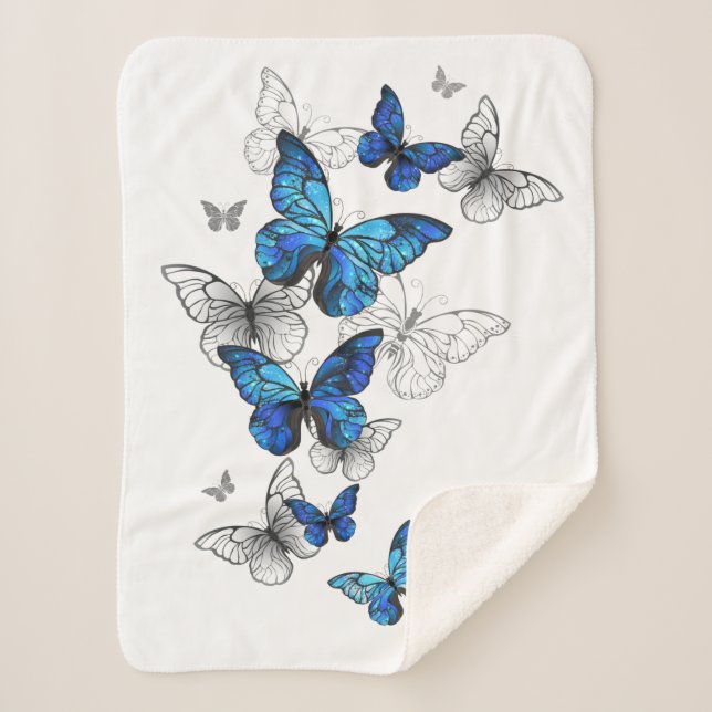 Blue Flying Butterflies Morpho Sherpa Blanket (Front)