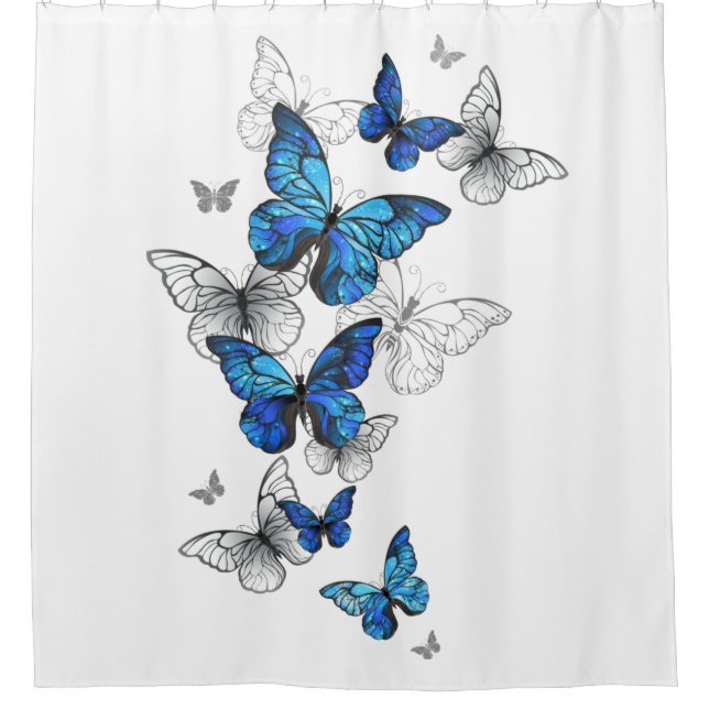 Blue Flying Butterflies Morpho Shower Curtain (Front)