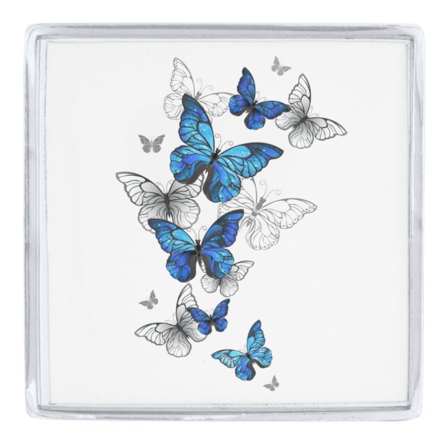 Blue Flying Butterflies Morpho Silver Finish Lapel Pin (Front)