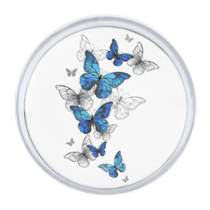 Blue Flying Butterflies Morpho Silver Finish Lapel Pin