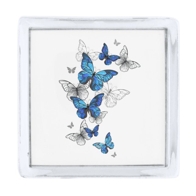 Blue Flying Butterflies Morpho Silver Finish Lapel Pin (Front)