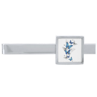 Blue Flying Butterflies Morpho Silver Finish Tie Bar