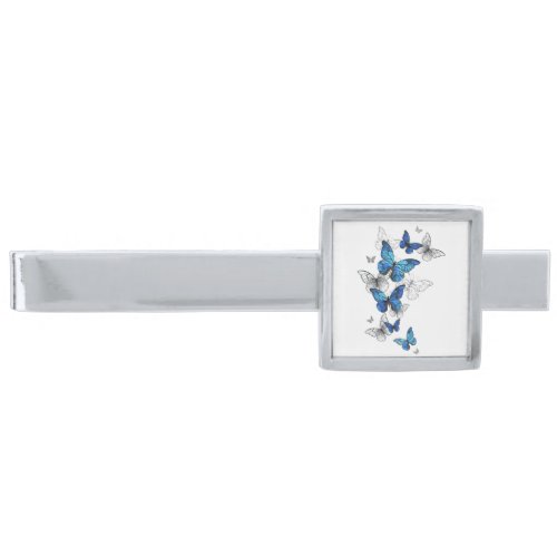 Blue Flying Butterflies Morpho Silver Finish Tie Bar