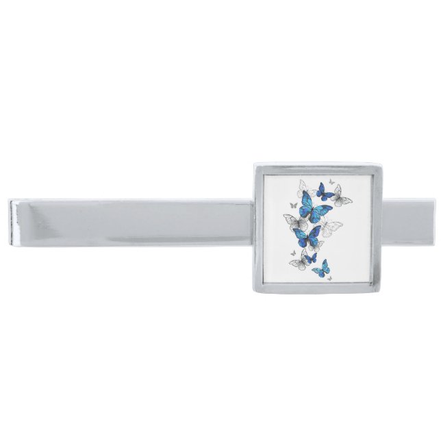 Blue Flying Butterflies Morpho Silver Finish Tie Bar (Front)