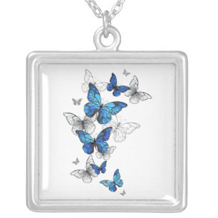 Blue Flying Butterflies Morpho Silver Plated Necklace