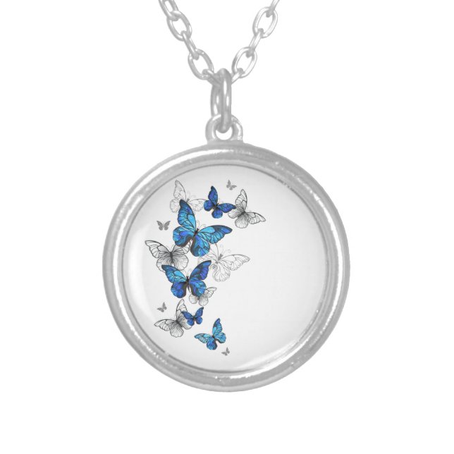 Blue Flying Butterflies Morpho Silver Plated Necklace (Front)