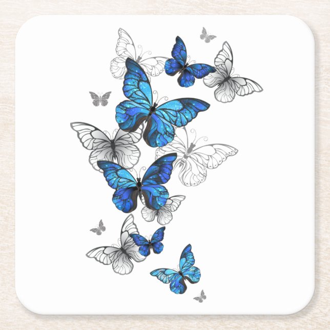 Blue Flying Butterflies Morpho Square Paper Coaster (Front)