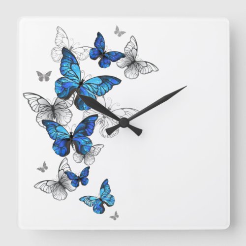 Blue Flying Butterflies Morpho Square Wall Clock