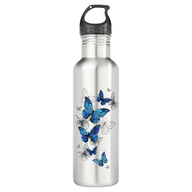 Blue Flying Butterflies Morpho Stainless Steel Water Bottle (Front)