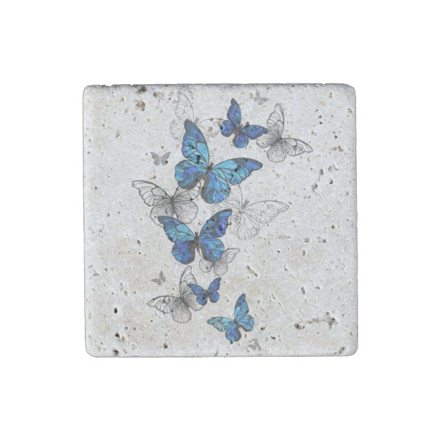Blue Flying Butterflies Morpho Stone Magnet (Front)