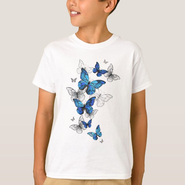 Blue Flying Butterflies Morpho T-Shirt (Front)