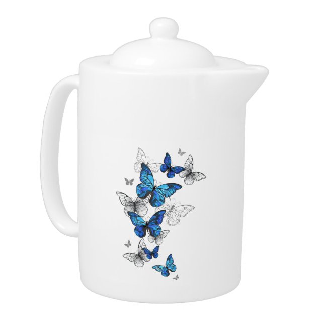 Blue Flying Butterflies Morpho Teapot (Left)