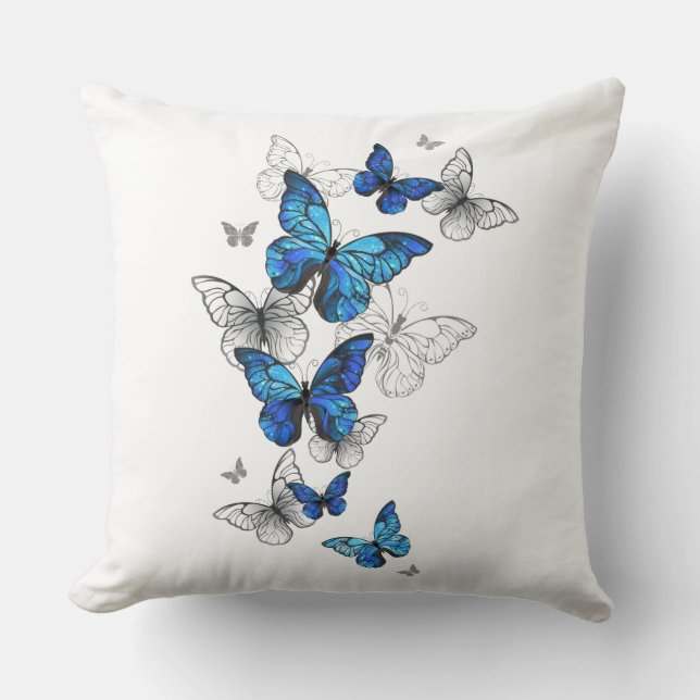 Blue Flying Butterflies Morpho Throw Pillow (Front)
