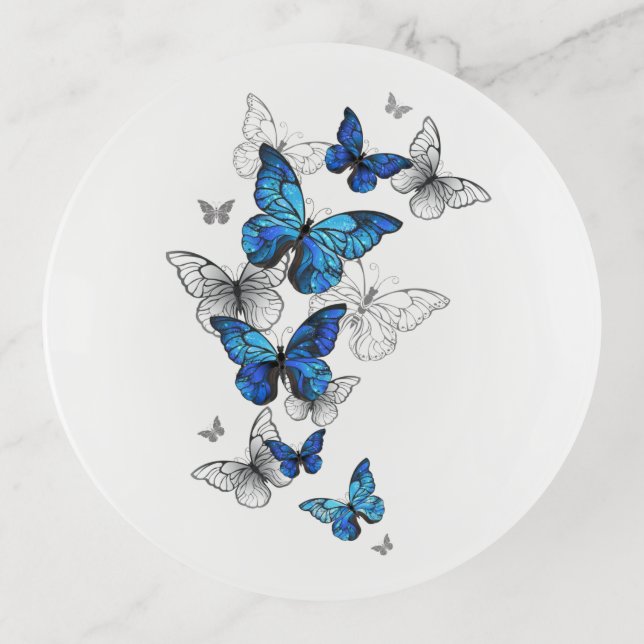 Blue Flying Butterflies Morpho Trinket Tray (Front)