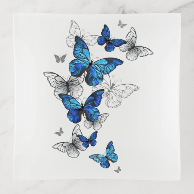 Blue Flying Butterflies Morpho Trinket Tray (Front)