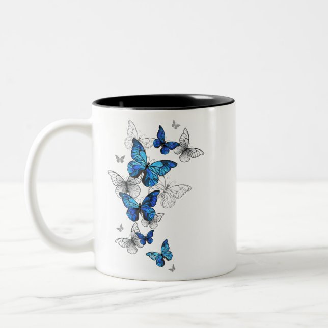 Blue Flying Butterflies Morpho Two-Tone Coffee Mug (Left)