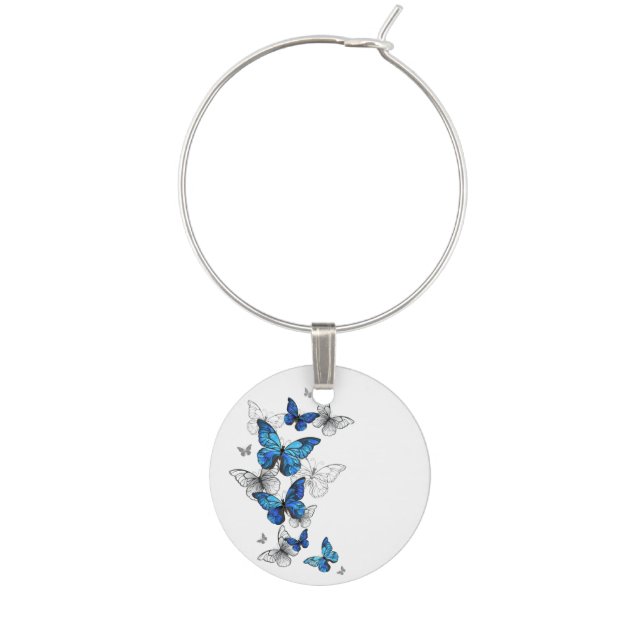 Blue Flying Butterflies Morpho Wine Charm (Front)