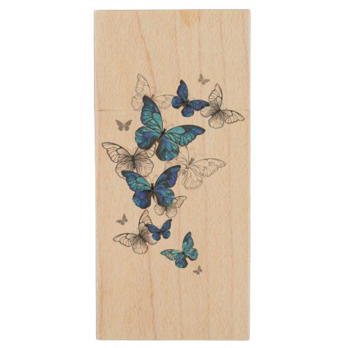 Blue Flying Butterflies Morpho Wood Flash Drive