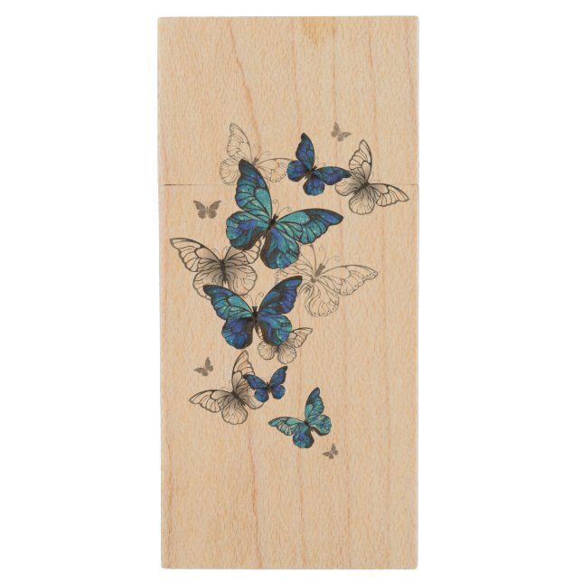 Blue Flying Butterflies Morpho Wood Flash Drive (Front Vertical)
