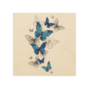 Blue Flying Butterflies Morpho Wood Wall Art
