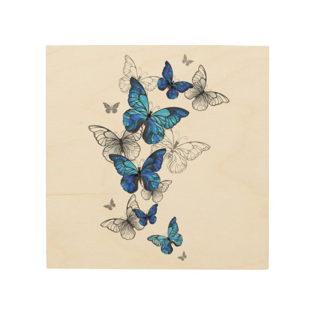 Blue Flying Butterflies Morpho Wood Wall Art (Front)