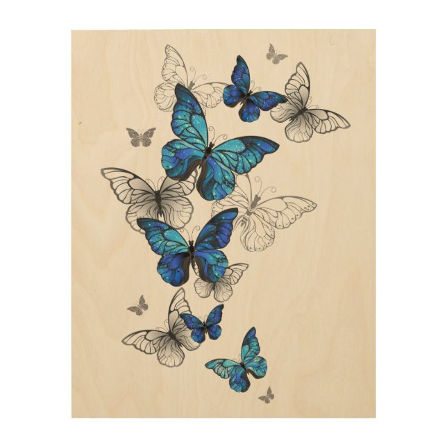 Blue Flying Butterflies Morpho Wood Wall Art (Front)
