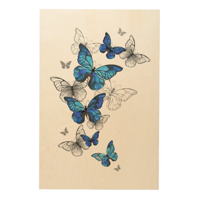 Blue Flying Butterflies Morpho Wood Wall Art (Front)