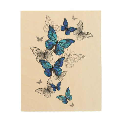 Blue Flying Butterflies Morpho Wood Wall Art