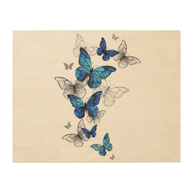 Blue Flying Butterflies Morpho Wood Wall Art (Front)