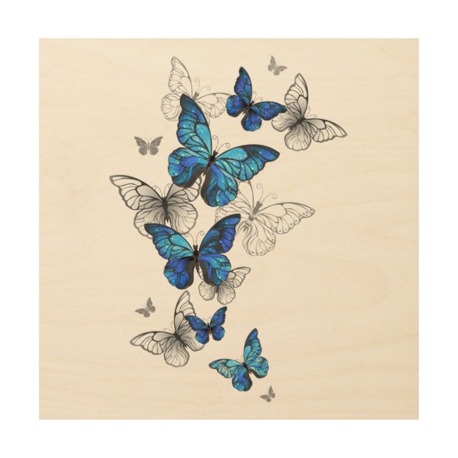 Blue Flying Butterflies Morpho Wood Wall Art (Front)
