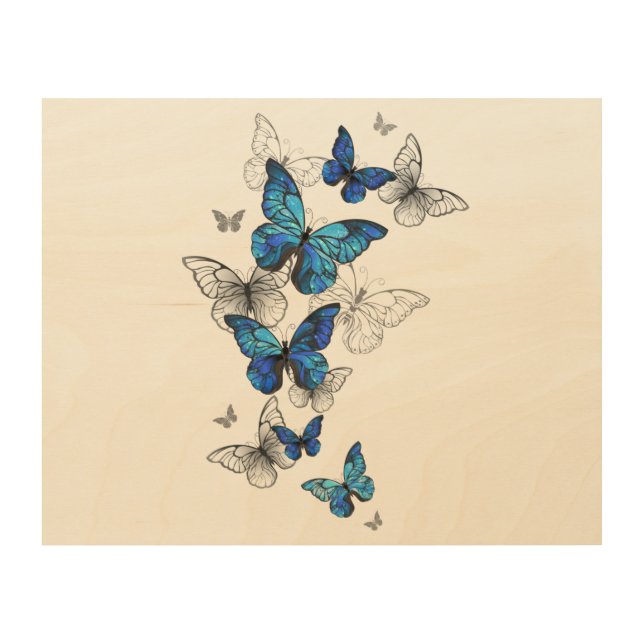 Blue Flying Butterflies Morpho Wood Wall Art (Front)
