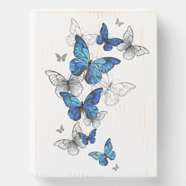 Blue Flying Butterflies Morpho Wooden Box Sign (Front Vertical)