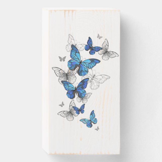 Blue Flying Butterflies Morpho Wooden Box Sign (Front Vertical)
