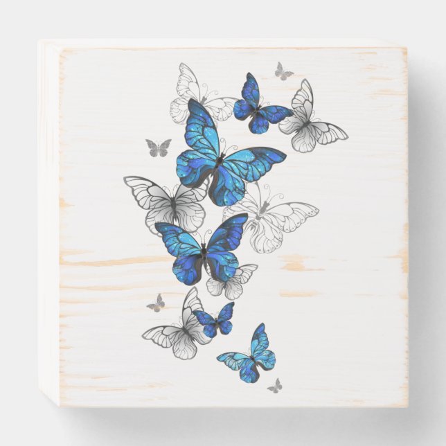 Blue Flying Butterflies Morpho Wooden Box Sign (Front Horizontal)