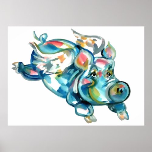 Blue Flying Pig Angel Poster