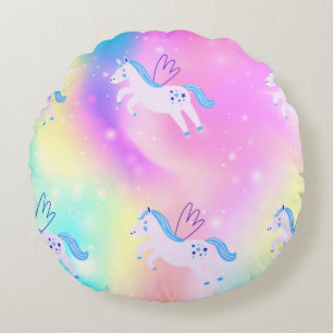 Blue Flying Unicorn Rainbow Throw Pillow