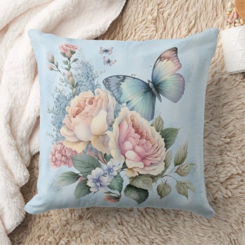 Blue Foil and Purple Pink Peonies Butterfly Throw Pillow