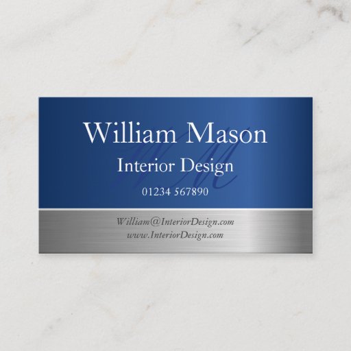 Customizable Blue Foil and Brushed Steel Monogram Business Card