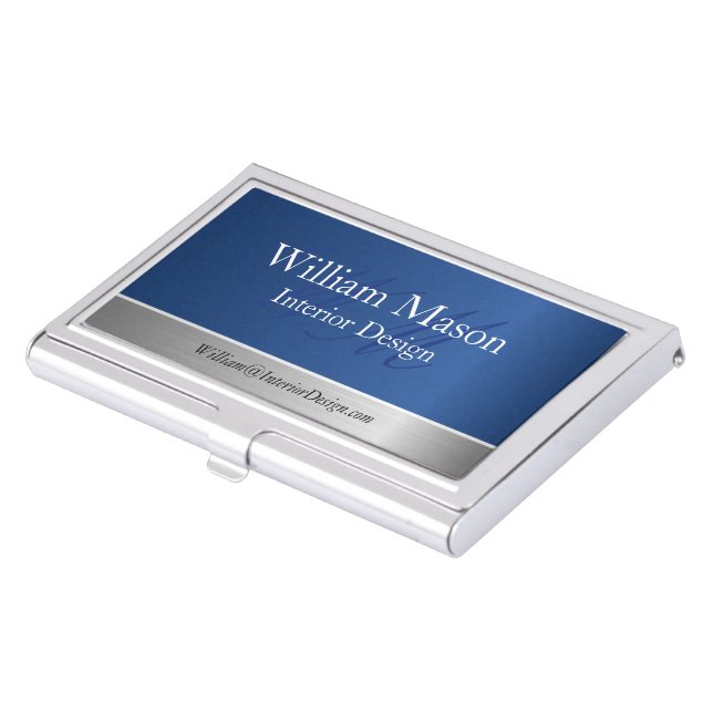 Blue Foil and Steel, Monogram Business Card Holder (Front)