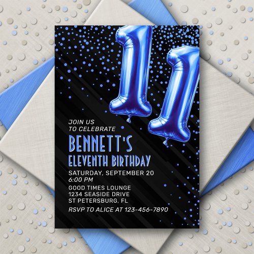 Blue Foil Balloons 11th Birthday Invitation