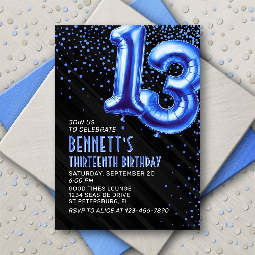 Blue Foil Balloons 13th Birthday Invitation