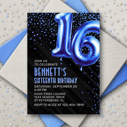 Blue Foil Balloons 16th Birthday Invitation